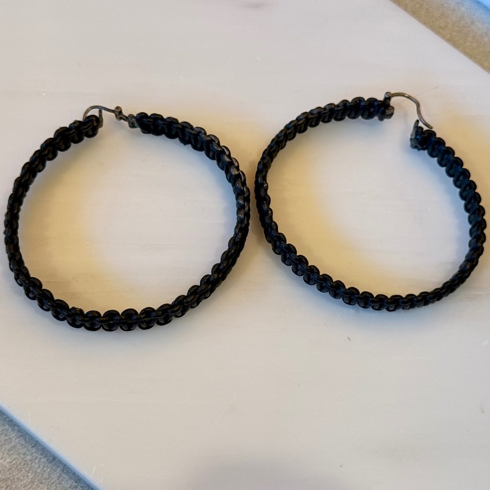 Authentic Anthony Nak Black Leather Wrapped Hoops over Silver